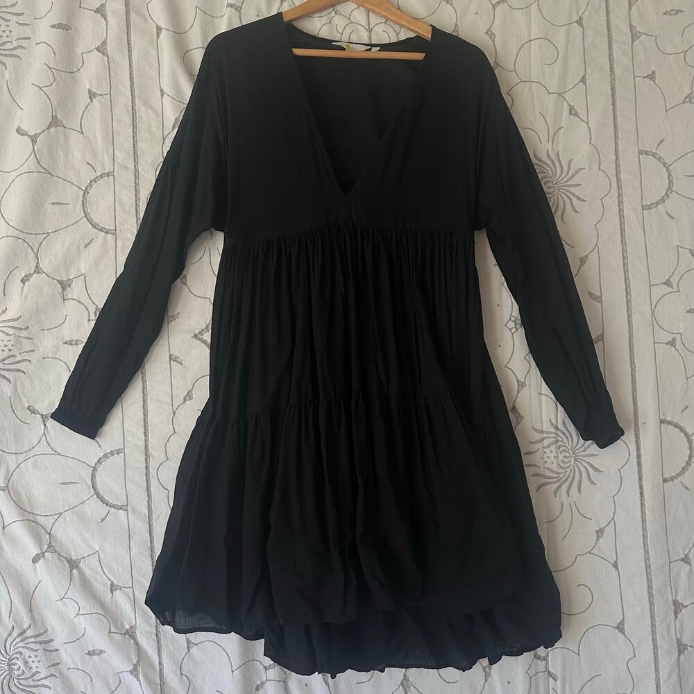 Boden Black Tiered Babydoll Mini Dress 4R Boho Cottagecore